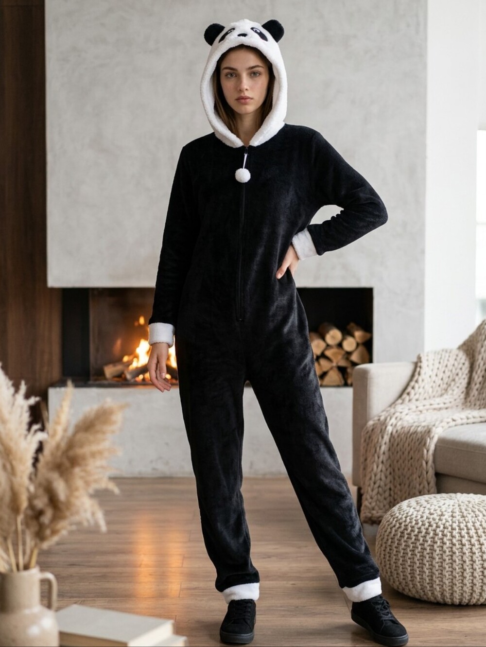 PJ Couture Panda Fleece Onesie Pajamas Hooded Jumpsuit Black Cozy Juniors S 3/5